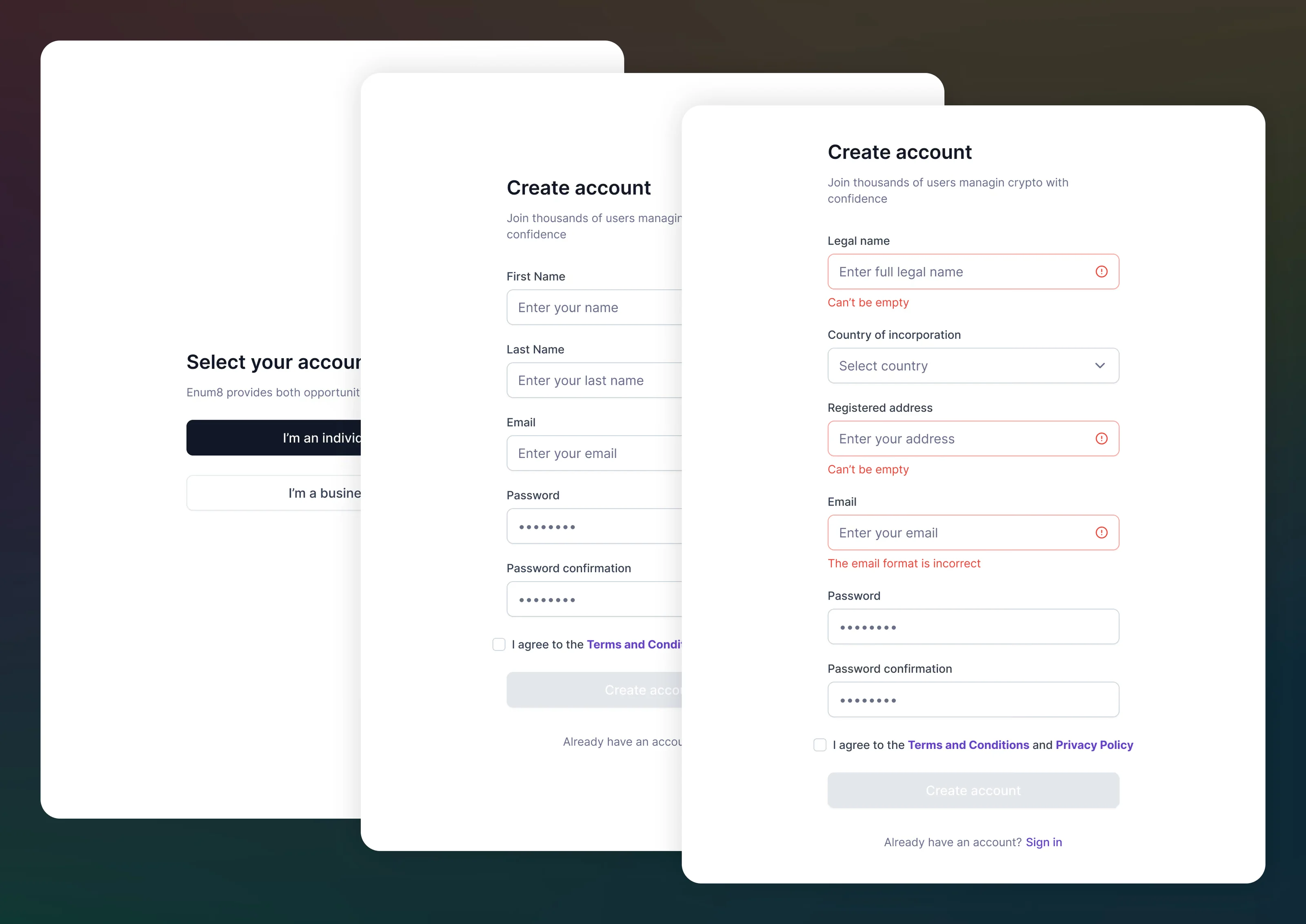Enum8 onboarding paths for personal and business accounts, including validation states.