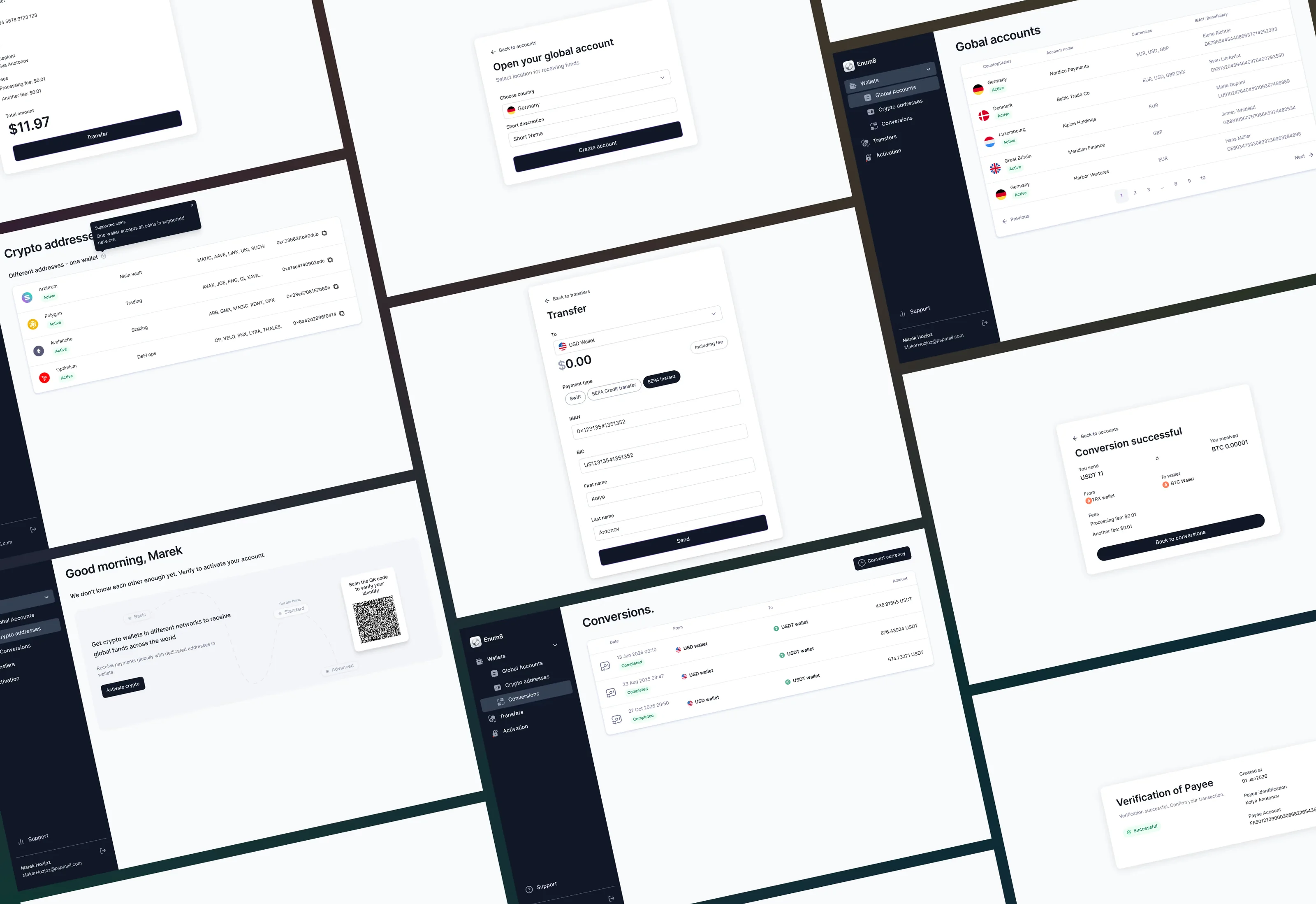 Enum8 product screens for transfers, conversions, addresses and account settings.