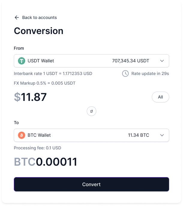Enum8 USDT to BTC conversion form