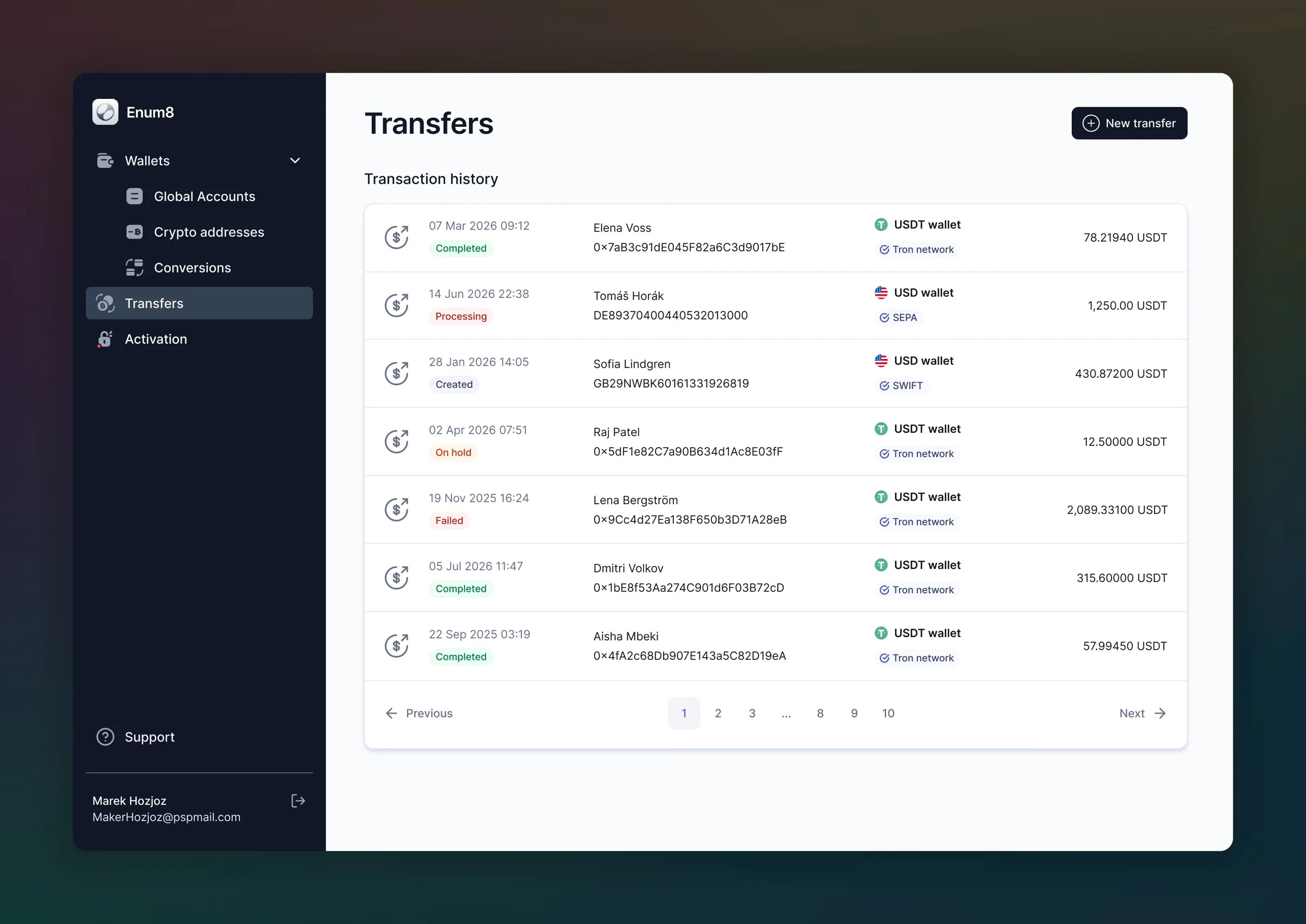 Enum8 fiat and crypto transfers, designed for Cryptopay